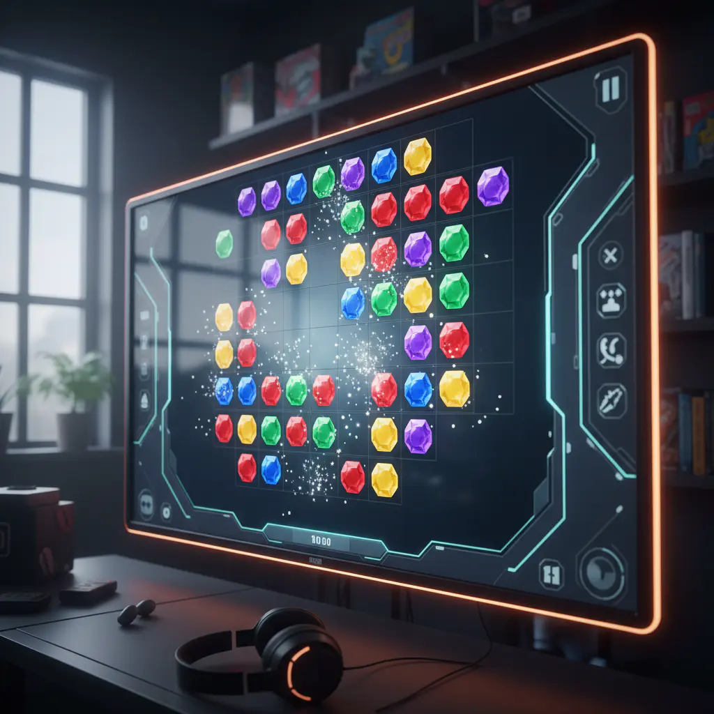 Casual puzzle game screenshot, bright glowing gems