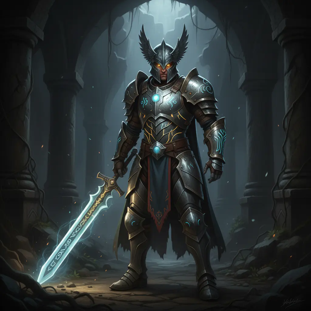 Mid-core RPG character portrait, warrior in glowing armor