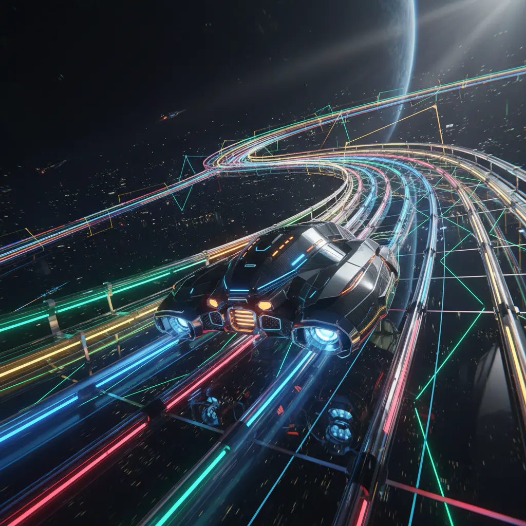 Sci-fi racing game vehicle on a neon-lit track