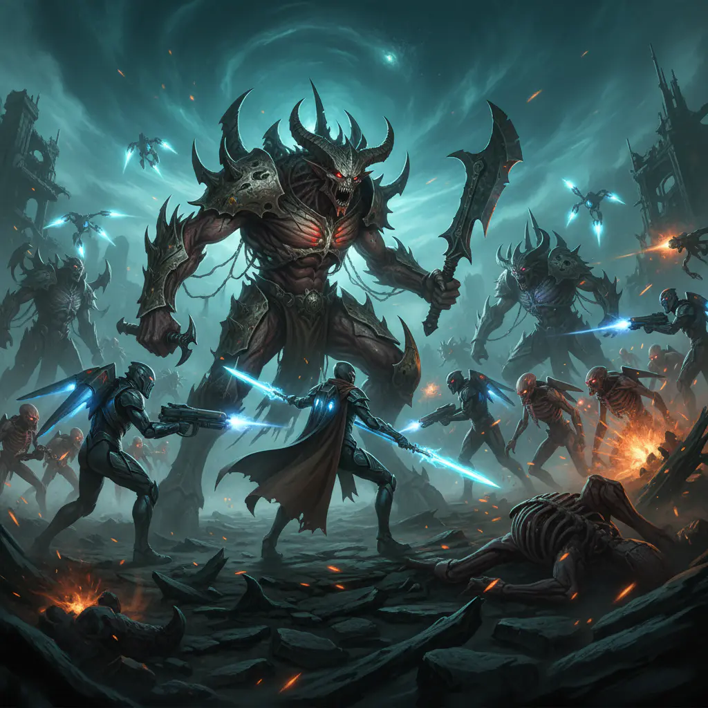 Epic mobile game battle scene with dramatic teal lighting