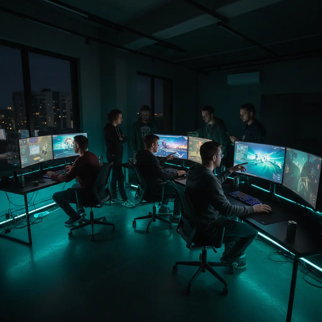 Game developers working in a modern studio